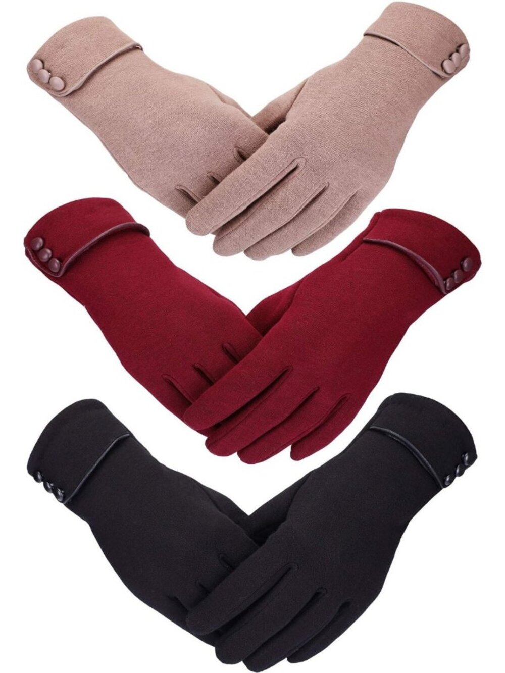 Cozy Winter Touchscreen Gloves for Women - 3 Pairs in Black, Wine Red, Khaki